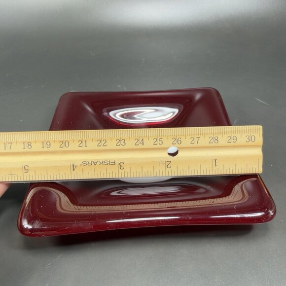Hand Made Red Fused Art Glass Square Trinket Dish Plate White Dog Paw Vintage - Picture 2 of 13
